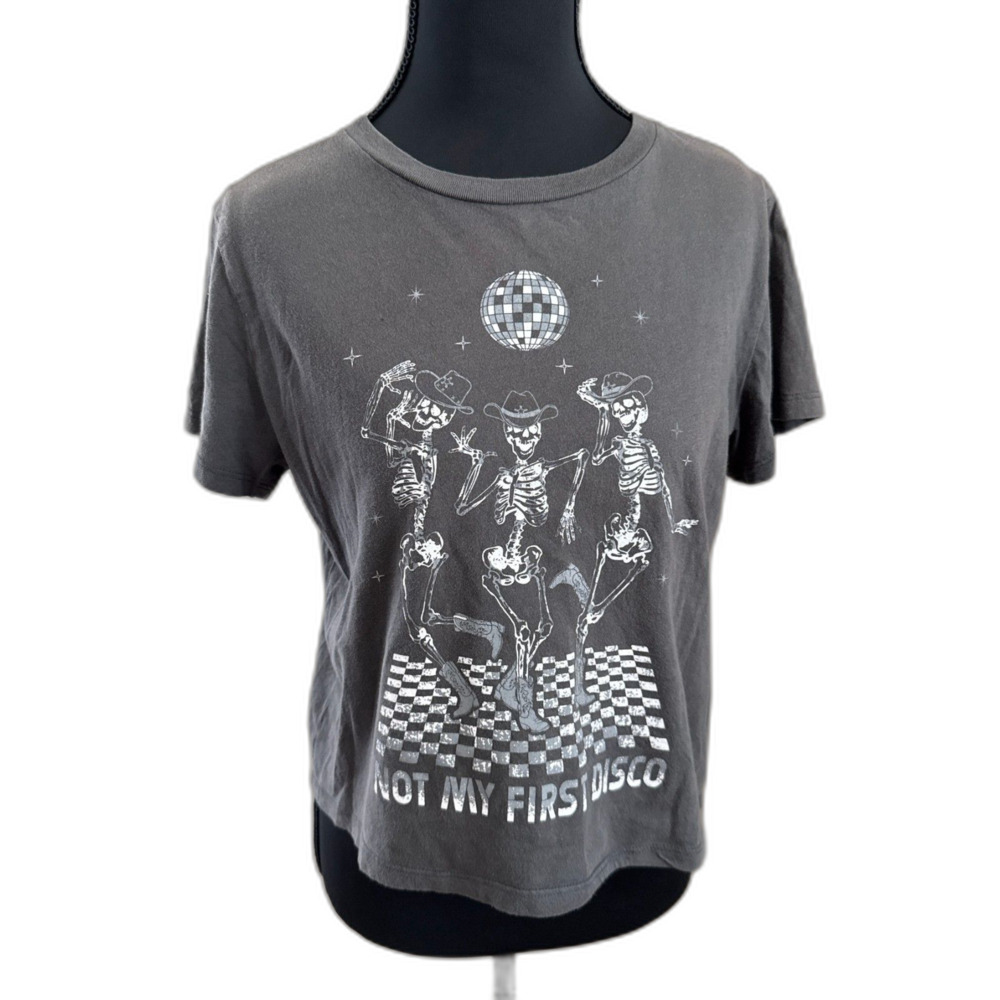 Women's Medium Dark Grey Goodie Two Sleeves Cotton Not My First Disco Crop Tee